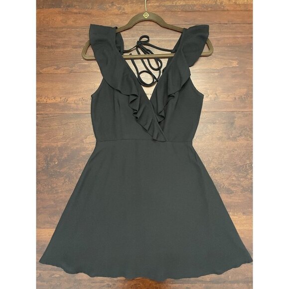 Lulus Black Sleeveless Ruffled Skater Sz Small Little Black Dress Wrap Tie Back - Picture 1 of 12